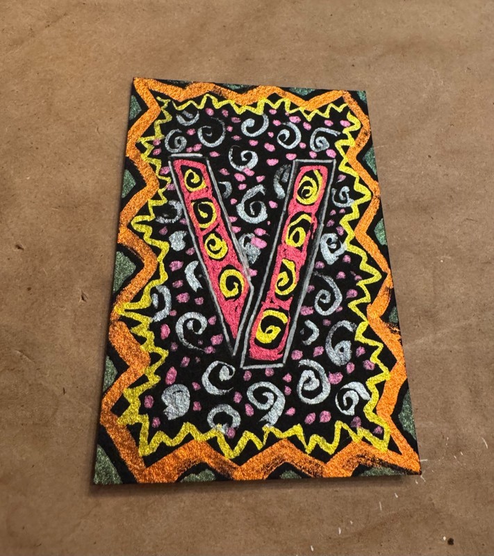 ACEO original painting metallic watercolor/ink colorful OOAK abstract letter V