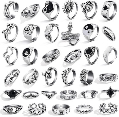 26-35 Pcs Vintage Silver Knuckle Rings Set for Women Men Midi Ring Pack