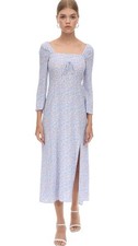 RIXO LONDON Crepe Midi Dress In Light Blue Floral Sleeves Slit Sz Medium