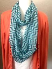 New VIVIAN & VINCENT Aqua CHEVRON Infinity SCARF 20X70" Viscose Gauze BOHO