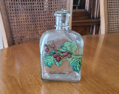 Vtg. Holmegaard Danish Glass Decanter Rubus Idaeus L. Bottle with Cork&Brass Top