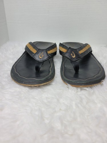 Olukai Kukui Men's Sandals Size 13 Black Leather Flip Flops Thongs Shoes - Picture 2 of 9