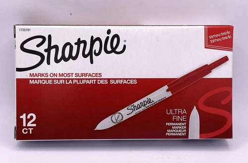 Sharpie Ultra Fine Red Ink Rectractable Permanent Marker Box of 12 New 1735791