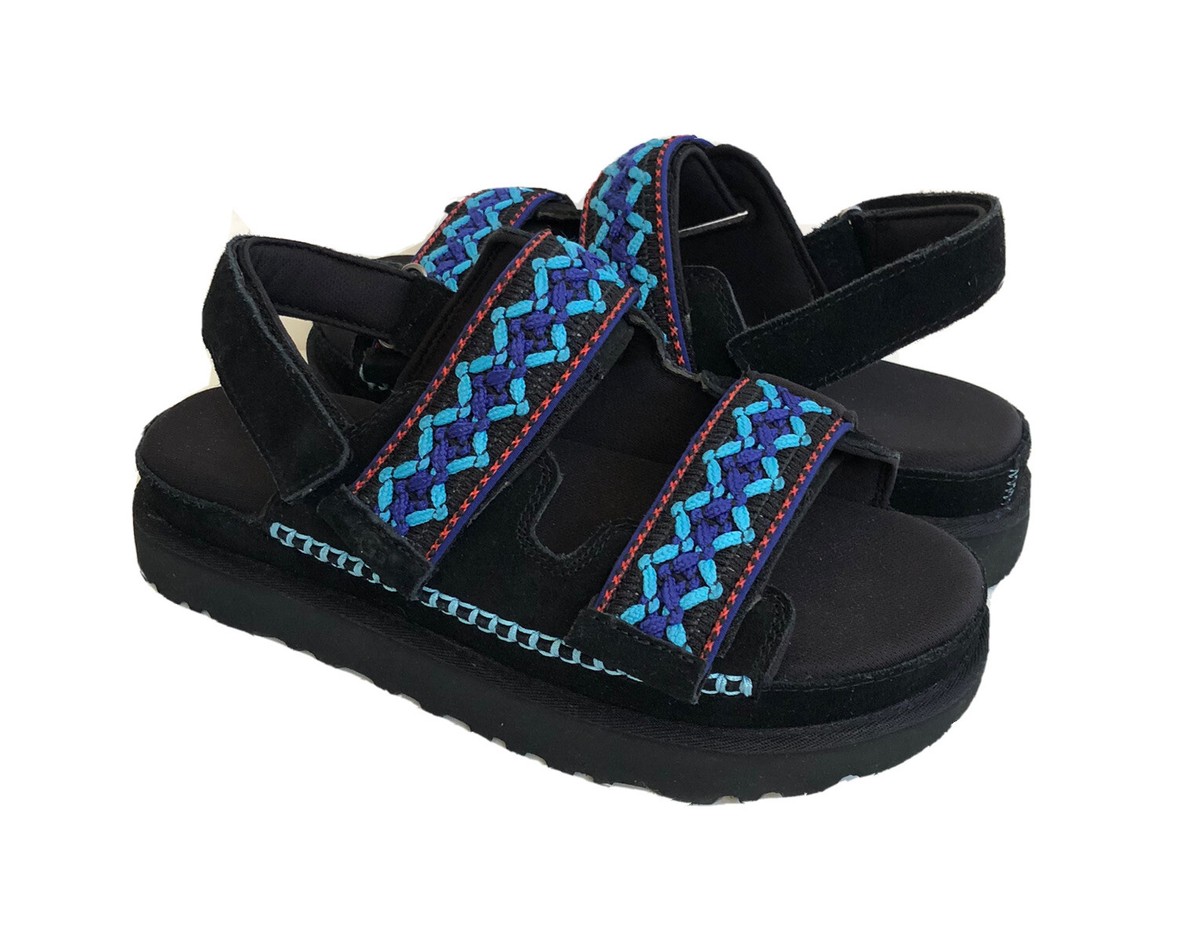 UGG GOLDENSTAR HERITAGE BRAID BLACK PLATFORM SANDALS US 10
