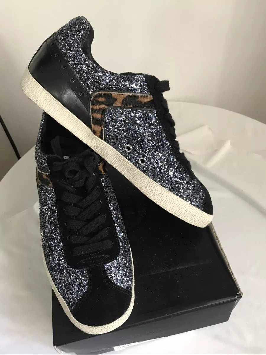 Ash Glitter Black Suede Navy Glitter Leopard Print Trim 470093 Sneakers Sz 7