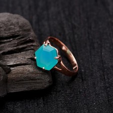 Natural Blue Chalcedony Hexagon Ring Solid Silver Rose Gold Plated Wedding Gift