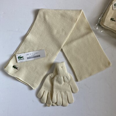 Vintage 1980er Lacoste Handschuhe & Schal Set Made In France Neu Neu mit Etikett Creme Selten