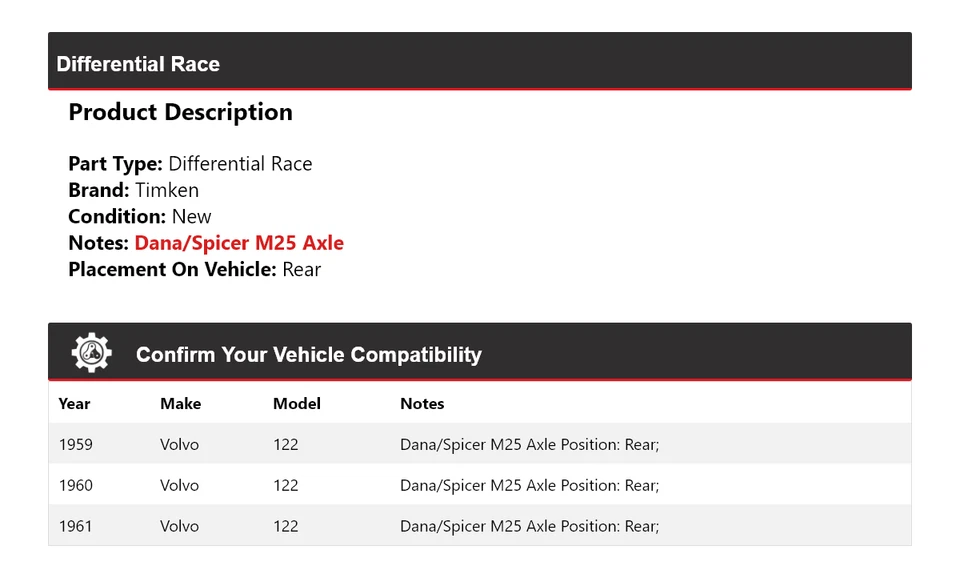 Diferencial trasero de carrera Timken 1960 para Volvo 122 1959-1961 Foto 2 de 4