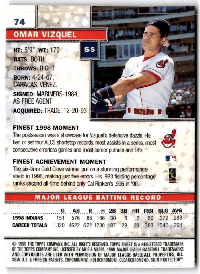 1999 Finest w/ Coating Omar Vizquel Cleveland Indians #74 - Image 2 of 2