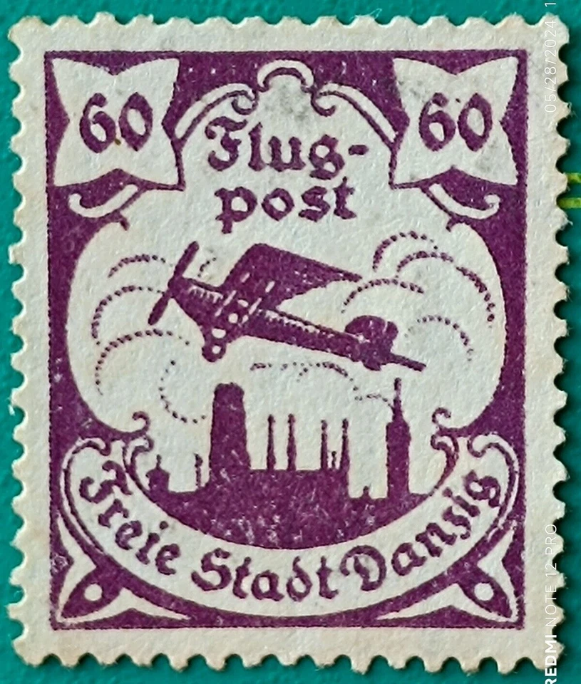 Gdansk stamp 1921-22, DANZIG-Sc AP3 #C5 60pf dk violet, Perf. 14, Wmk. 108, MH - Image 3 of 4