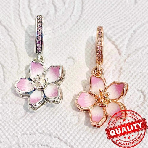 Rose Gold Triple-Row Cherry Blossom Dangle Charm for Silver Bracelet - Picture 4 of 36