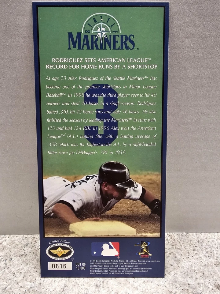 Alex Rodriguez Seattle Mariners MLB #'d Commemorative Ticket HR Record For SS  - Image 2 of 2