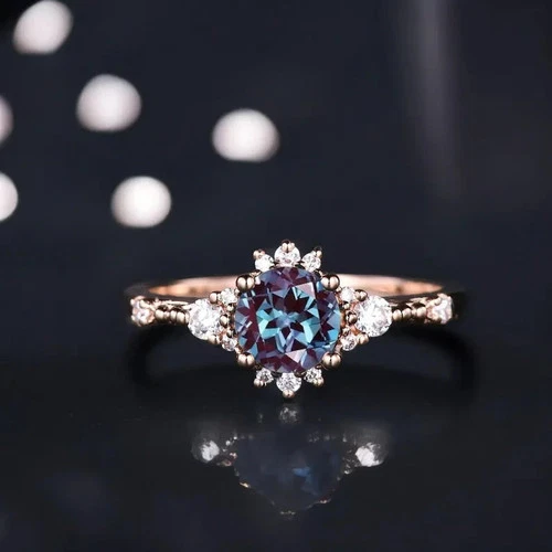 Dainty Round Color Changing Alexandrite Ring 925 Silver Rose Gold Plated Ring