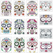 Halloween Temporary Face Tattoos Makeup Kit (13 Pack), Day of the Dead Sugar Sku