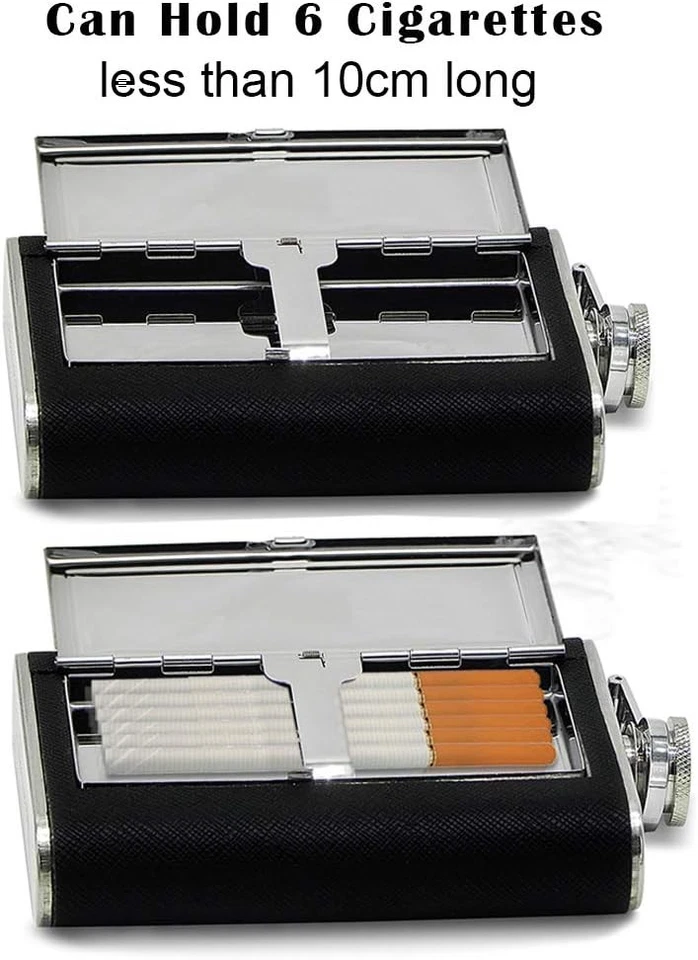 Stainless Steel Flask Leakproof with Cigarette Case Black Leather - Image 4 of 4