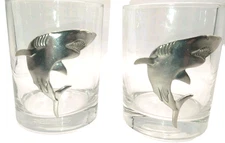 Heritage Metal Works Double Old Fashion Whiskey Glasses  Pewter Sharks  set of 2