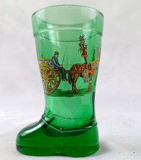 Vintage Green Shot Glass Boot Mod. Dep. Italy Man riding in Horse Drawn Carriage