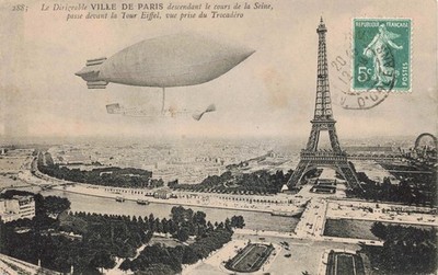 Luftschiff Ville de Paris Eiffelturm Seine Paris Frankreich Luftfahrt Postkarte 1900er