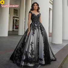Gothic Black Wedding Dresses V-Neck Cap Sleeves Lace Applique A-Line Bridal Gown