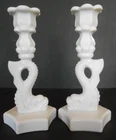 VTG Westmoreland Dolphin Koi Candlestick Pair Milk Glass Candle Holders ~ Chip