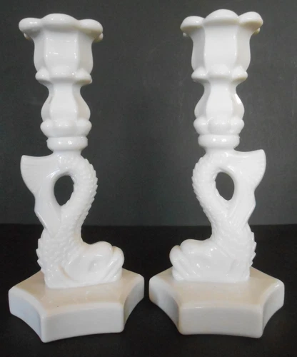 VTG Westmoreland Dolphin Koi Candlestick Pair Milk Glass Candle Holders 9 1/4"