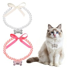 Cat Dog Pearl Collar, Small Bow Shape L, White/Pink, 2Pcs
