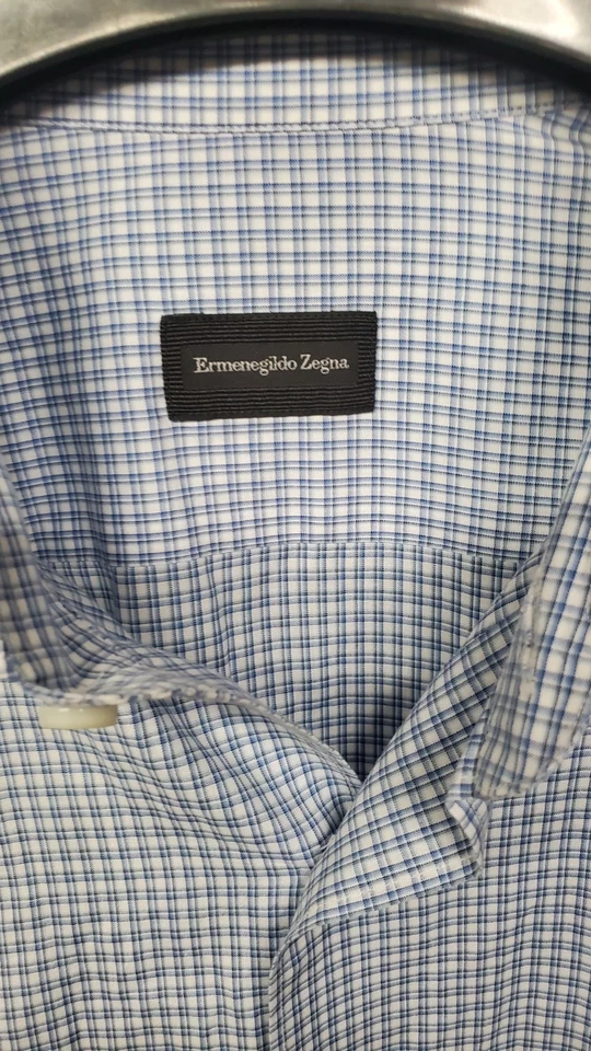 Ermenegildo Zegna Mens Size M Blue Squares Cotton Long Sleeve Dress Shirt MINT - Image 2 of 4