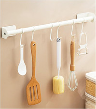 Kitchen Rail with 6 Hooks, 30Cm Kitchen Hanging Rail Holder, Wall Mount Self Adh