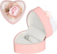 LETURE Creative Heart Shaped Ring Gift Box with Flower, Velvet Earrings Pink