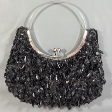 Vintage Style Black Beaded Sequin Evening Clutch Bag Silver Circle Handle Purse