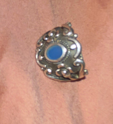 Silver Tone Oval Blue Topaz Bezel Set Cocktail Ring Size 6 Ornate Scroll
