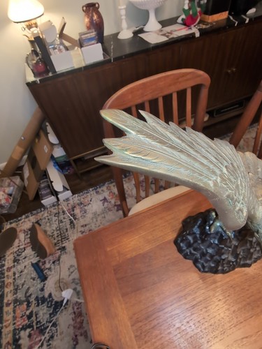BRASS VINTAGE AMERICAN EAGLE STATUE SITTING ON Mountain 18" Tall - Picture 7 of 13