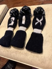 Vintage Knit Golf Club Headcovers Set 1 3 X Black White Pom Pom Wool