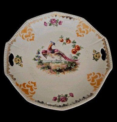 Otto Gruenert Kahla Peacock Cake Plate Serving Dish Handled Roses Bird