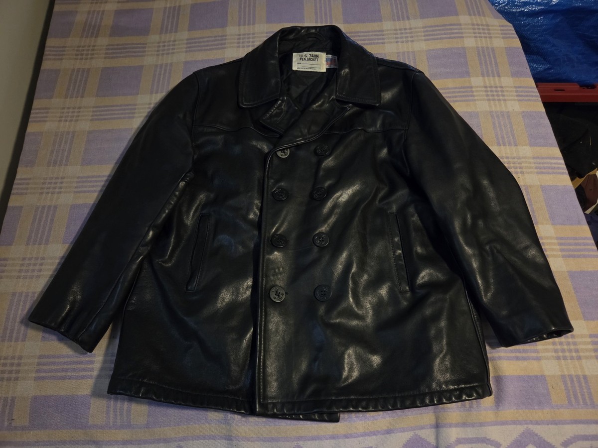 VTG Schott Bros US 740N Pea Coat Leather Jacket Black Made In USA