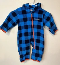 Columbia Blue Plaid Fleece Bunting Suit Orange Trim Sz 6 Months