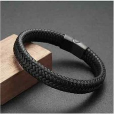 VERY NICE BLACK COWHIDE WOVEN LEATHER HAND WOVEN CLASP BRACELET