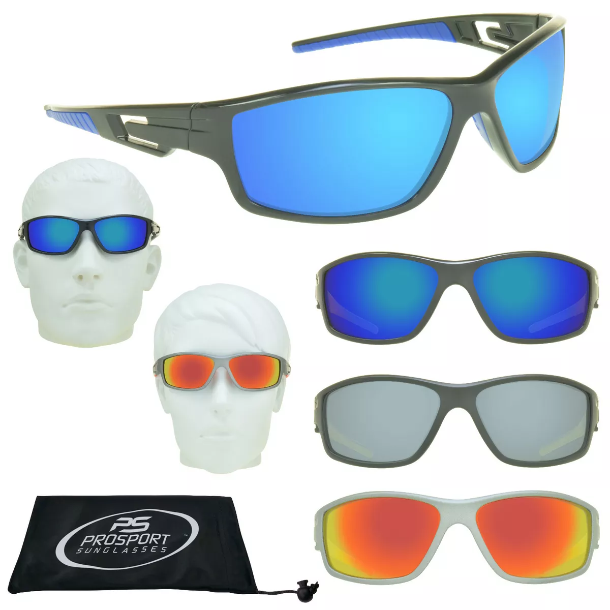 Polarized Sunglass Mirror Sport Fishing Cycling Wrap Around Blue Orange Silver