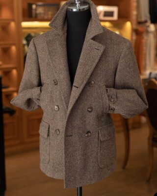 Zweireiher Sakko für Herren Kurzmantel Frühling Fischgrät Tweed Warm Anzug