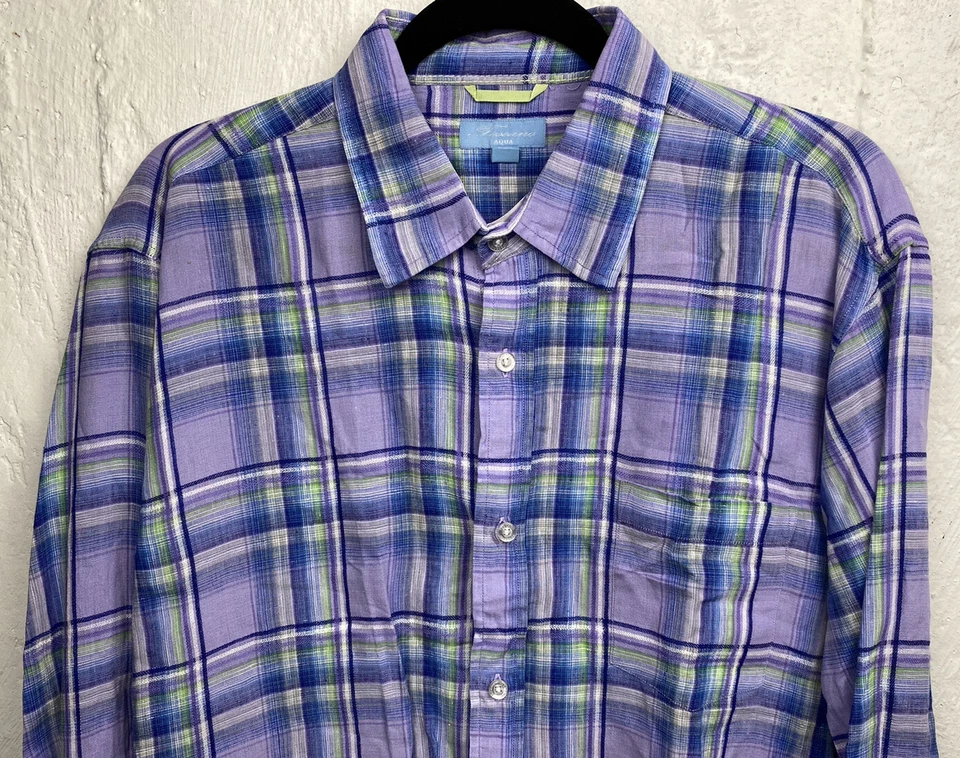 Toscano Aqua Shirt Men Large Linen Long Sleeve Purple/Blue Plaid - Image 2 of 4