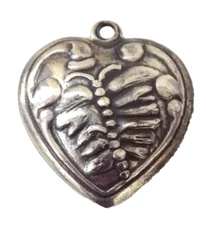 Antique Silver Puffy Heart Charm with Repousse Butterflies on 2 Sides