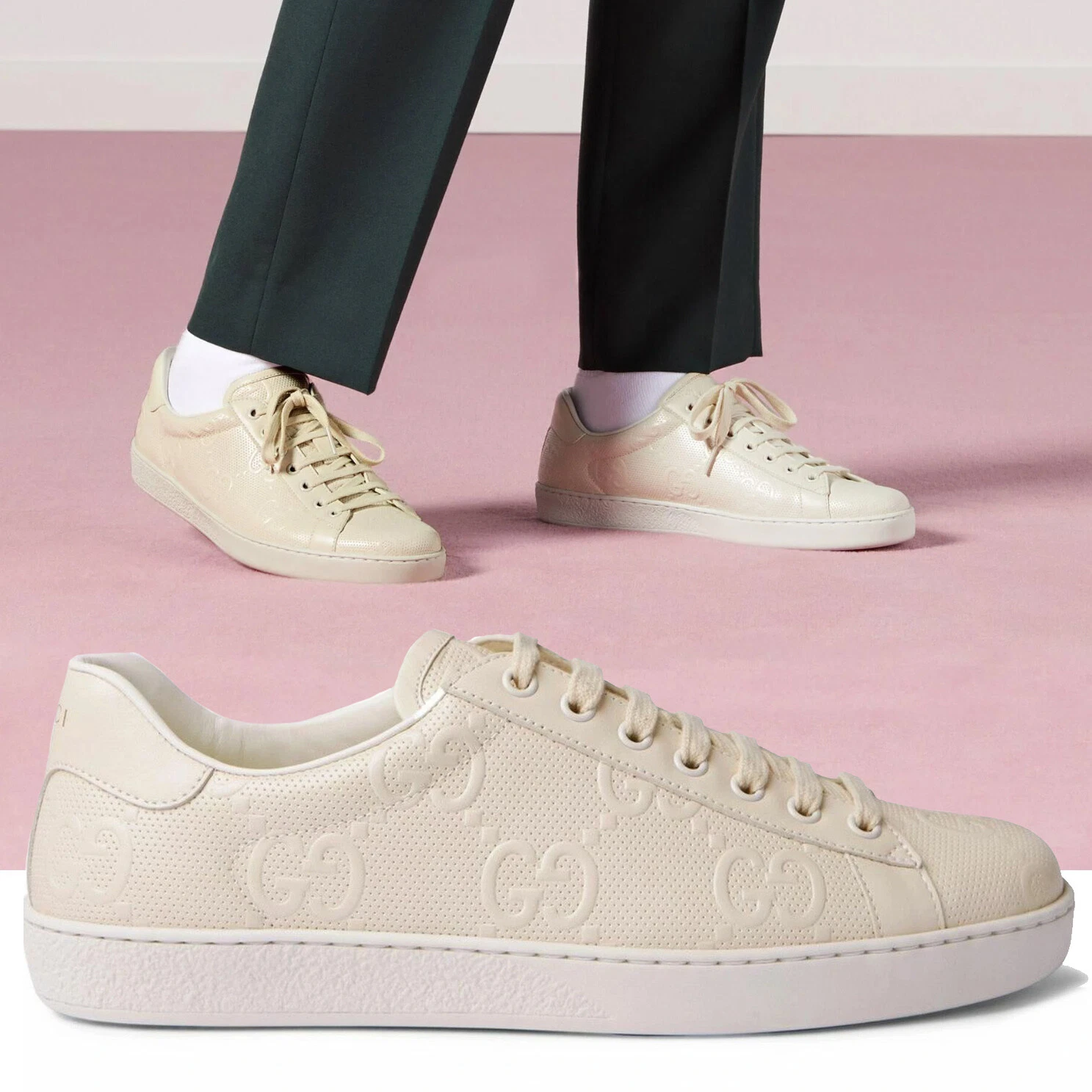 BASKETS GUCCI HOMME LOGO ACE GG CHAUSSURES EN CUIR PERFORÉ pointure 13,5 14