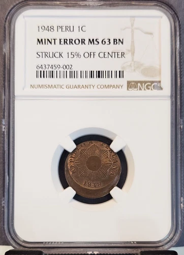 1948 PERU 1 CENTAVO NGC MS 63 BN MINT ERROR 15% OFF CENTER RARE