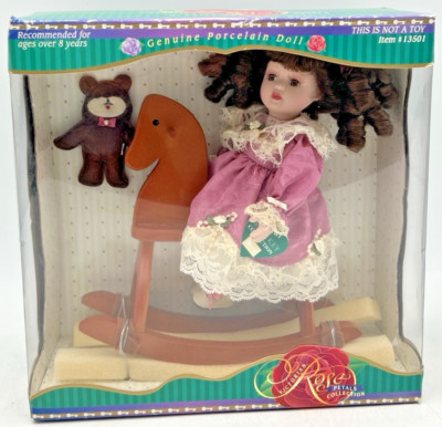 VICTORIAN ROSE PETALS BRASS KEY COLLECTION PORCELAIN DOLL ON ROCKING HORSE 13501