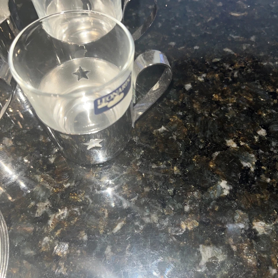 8件套复古莱昂纳多玻璃浓缩咖啡杯银色金属碟子全新带标签 — 第 3/4 张图片