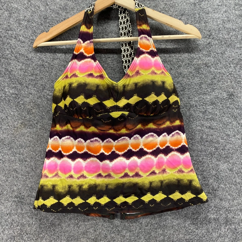 Top Tankini Athleta Mujer 2 Negro Rayas Halter Cuello Sin Mangas Forrado Traje de Baño Foto 4 de 4