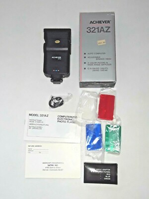 ** NEW Achiever 321AZ Flash  & WIDE ADAPTOR & 3 COLORED FILTERS 35mm SLR cameras