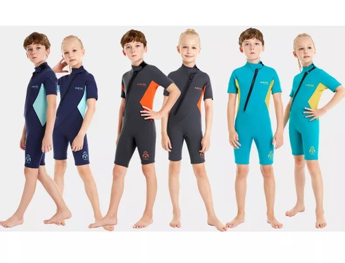 Kids Shorty Wetsuit 2mm Green Blue Front Zipper For Swimming