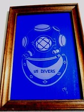 Large FRAMED vintage US DIVERS MARK V helmet ETCHED on wavy cobalt blue GLASS Ex