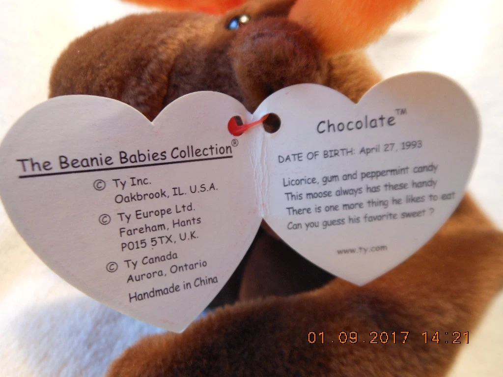 New Chocolate the Moose 1993 Ty Beanie Baby w P.E. pellets factory tag error
